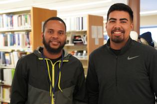 Photo of two students at the OC Library, Text reads: Students, Discover Support Services and Student Life