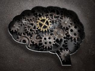 graphic of the brain with metal cogs and gears inside