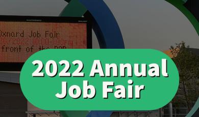 Oxnard College marquee sign in background, advertising 2022 Job Fair