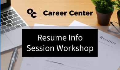 blue background with image overlay. Image includes wood-type desk surface with an opened laptop computer on left side of image, angled towards front view. Two small green potted plants in upper right corner on desk, with reading glasses placed in front of plants. Paperwork placed in middle of image that reads: Resume. Pen placed between paperwork and laptop computer.